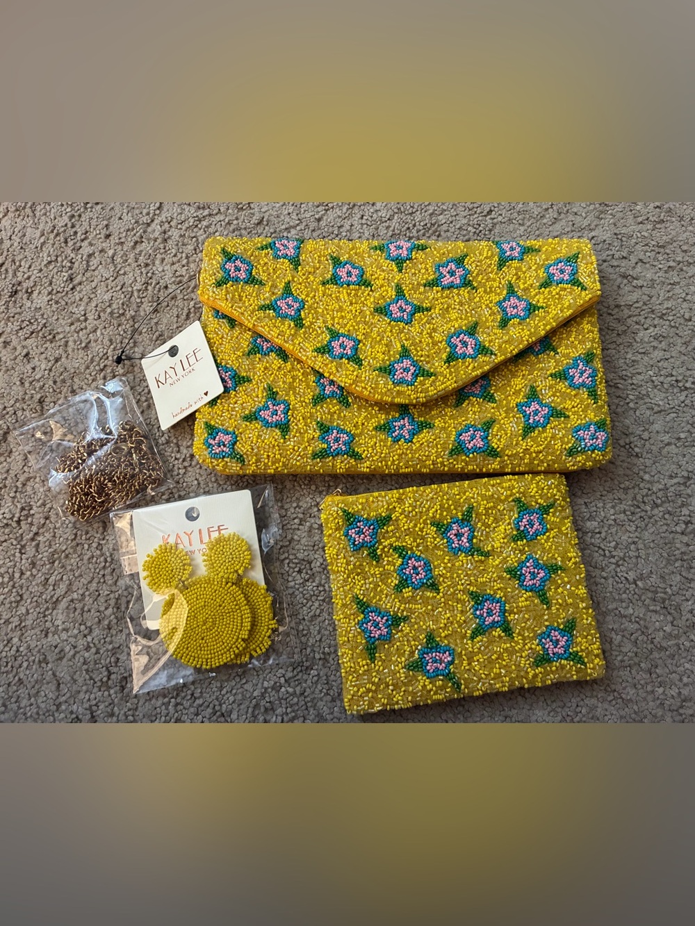 Kaylee Yellow Beaded Floral Clutch/Crossbody, Pouch and Earrings Set